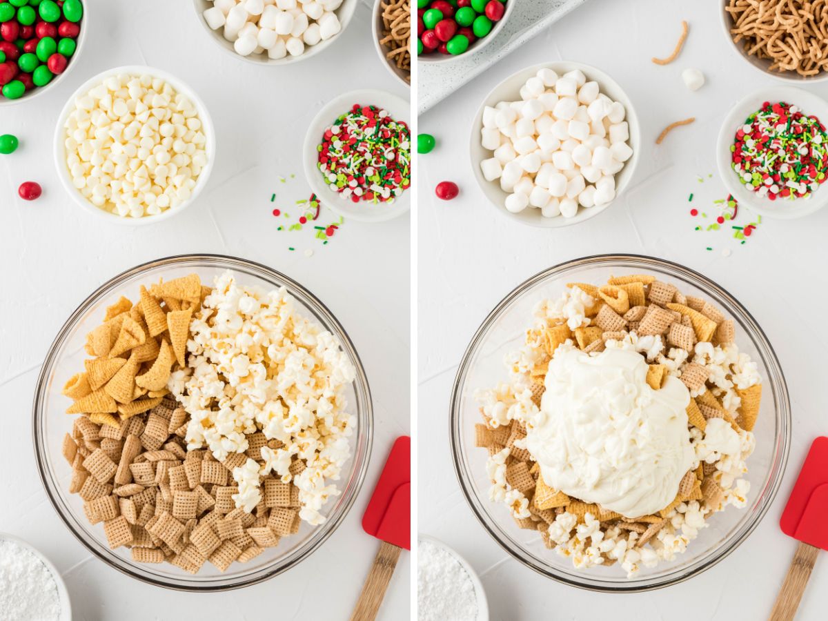 How to make Christmas snack mix with step by step process photos.