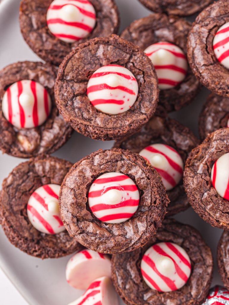 Overhead shot of candy cane kiss brownies. 