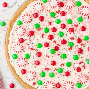 A cookie pizza decorated for christmas