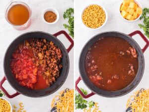 How to make easy chili Mac inside one pot on the stove top with process photos for each step.