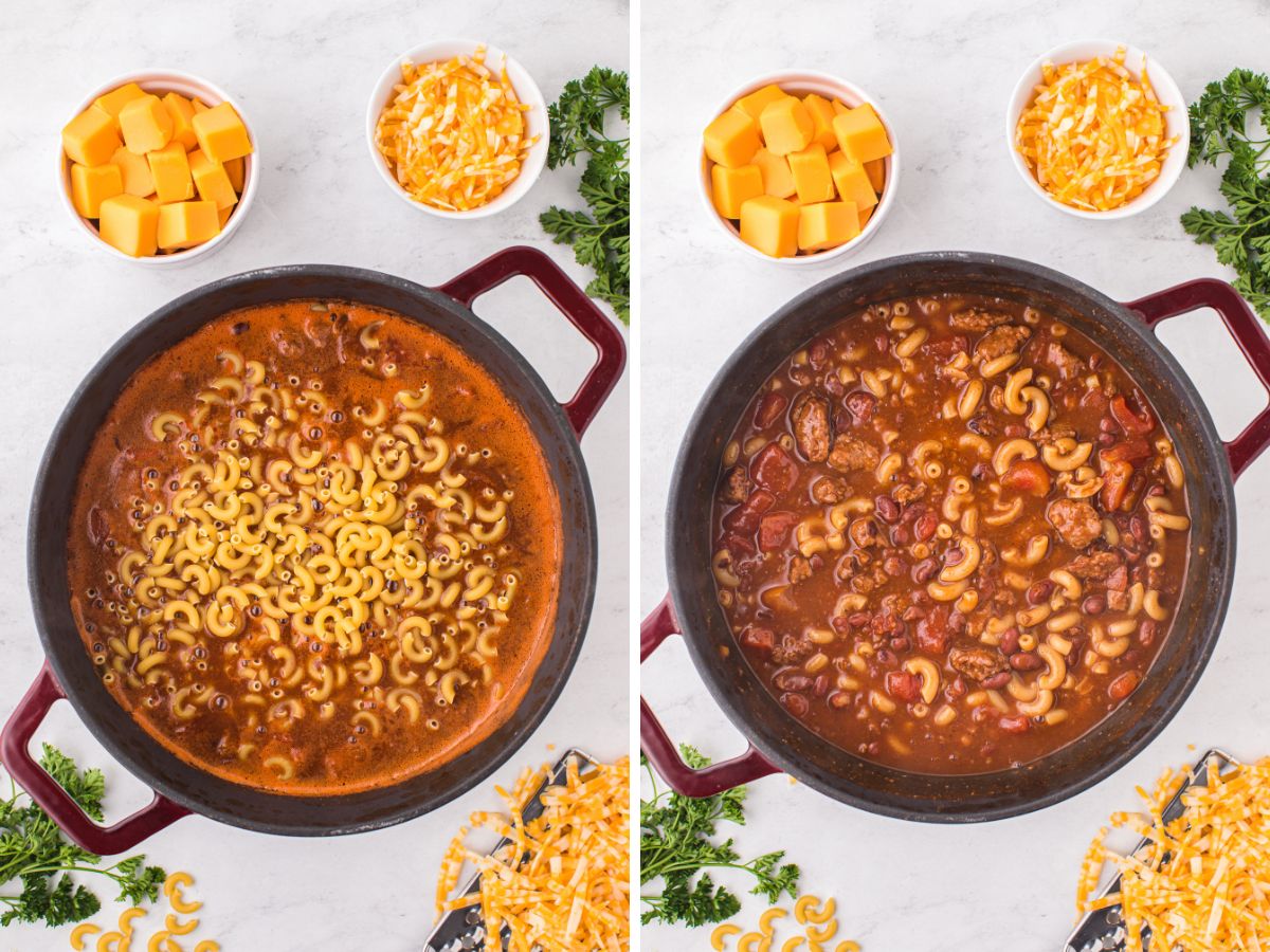 How to make easy chili Mac inside one pot on the stove top with process photos for each step. 