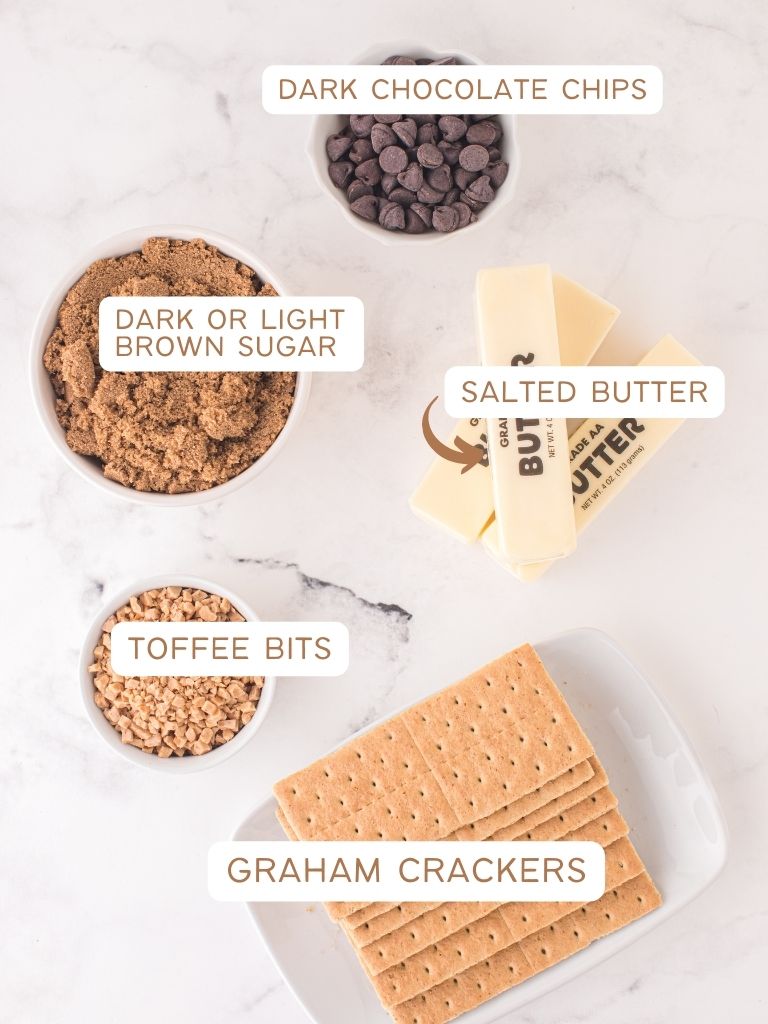 Ingredients for this toffee recipe with each one labeled in text with what it is. 