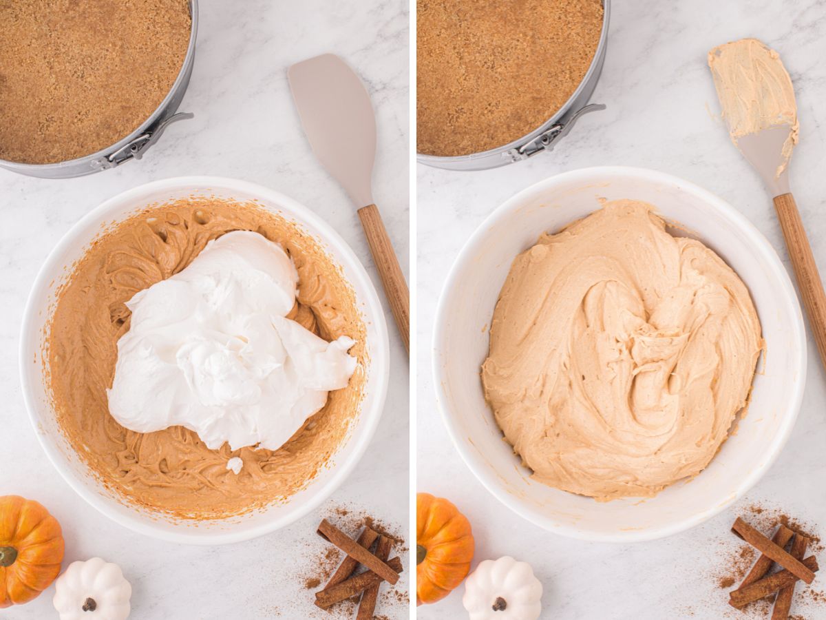 Process photos for a no bake pumpkin cheesecake filling. Learn how to make this recipe. 