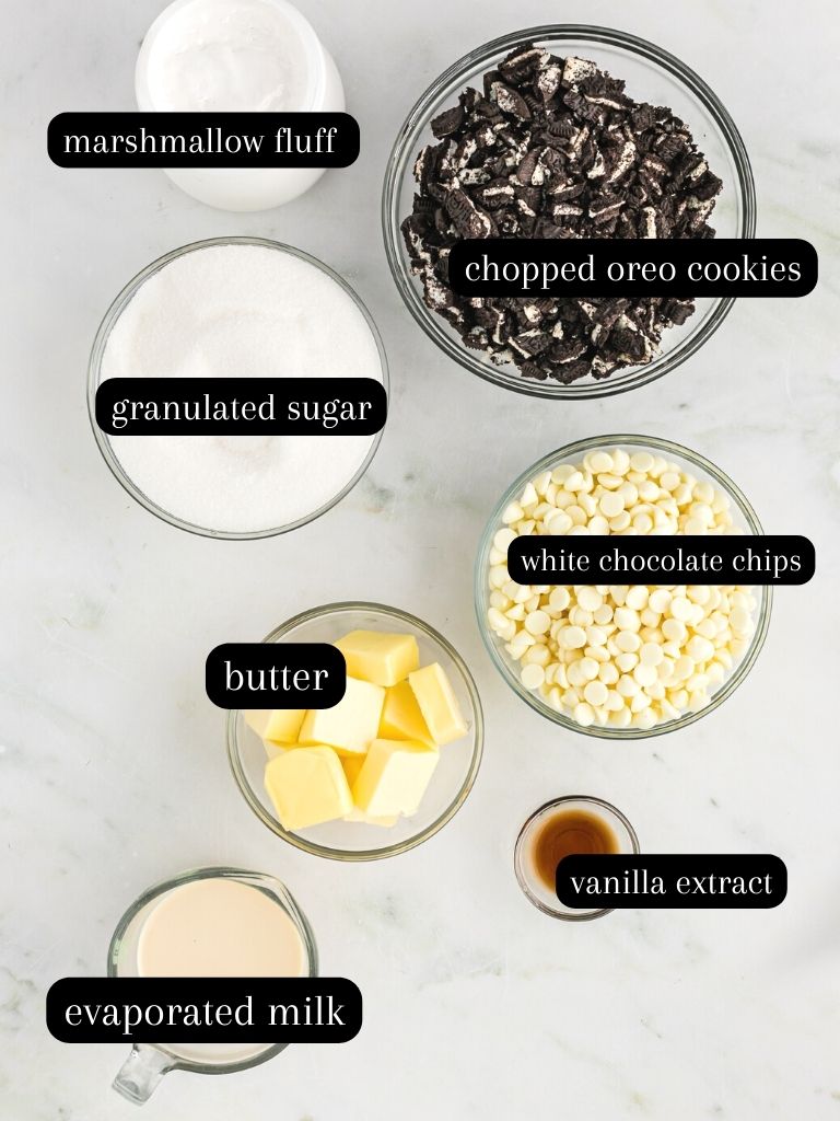 Labeled ingredients for this fudge recipe. 