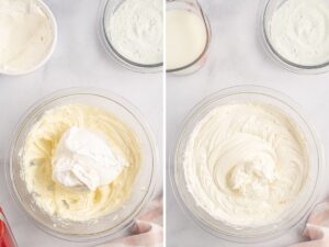 Step by step process photos for making the cream cheese layer.