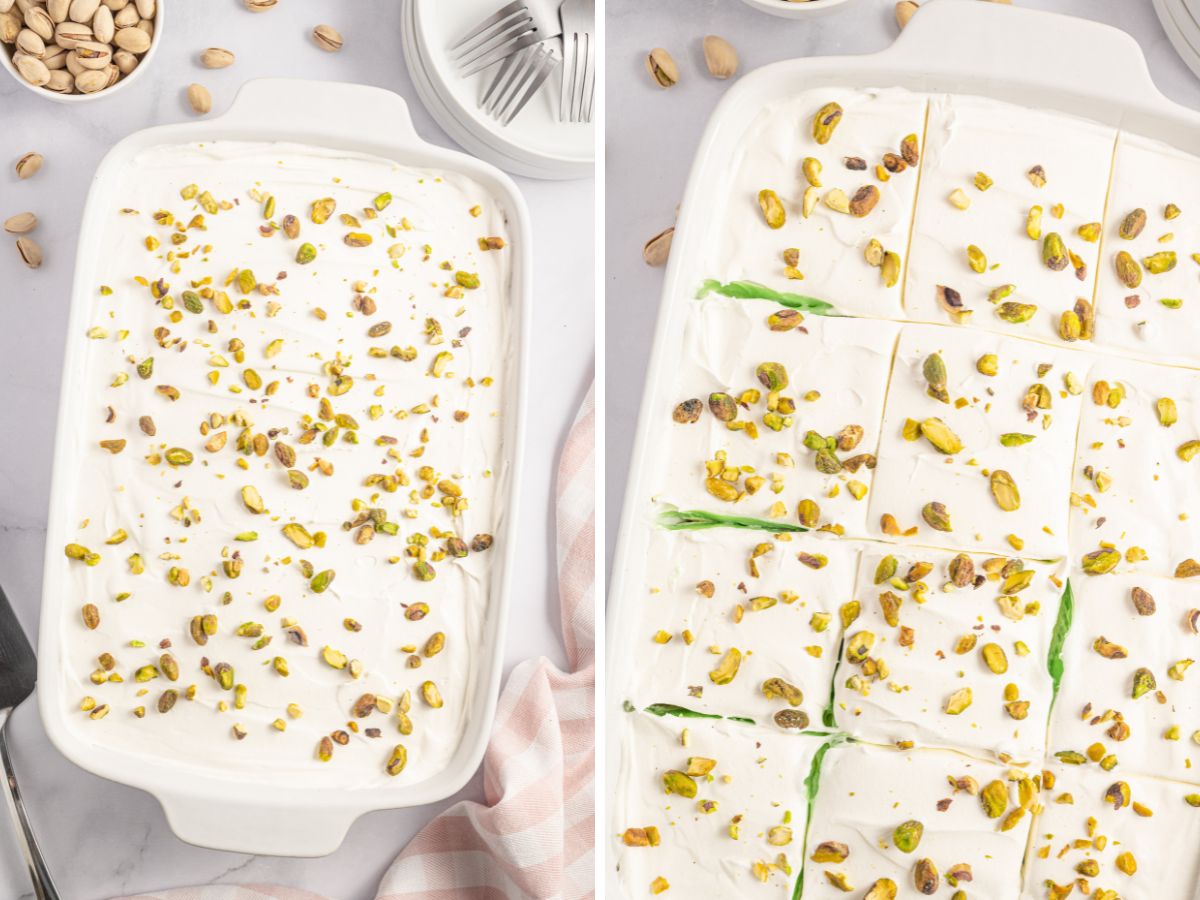 Step by step process photos for assembling this pistachio dessert. 