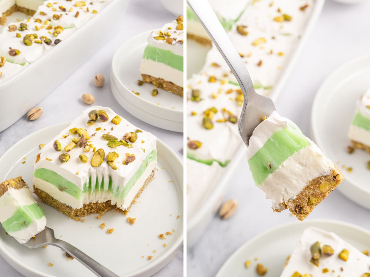 Step by step process photos for assembling this pistachio dessert. 