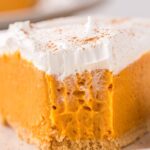 A slice of pie up close with a bite taken out the front with a fork.