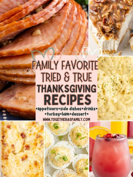 A graphic with images of thanksgiving day recipes - side dishes, desserts, ham, drinks