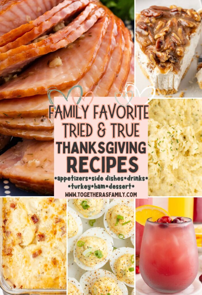 A graphic with images of thanksgiving day recipes - side dishes, desserts, ham, drinks