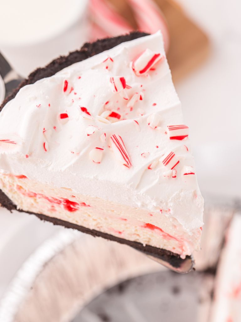 Top view of a piece of pie with peppermint candies on top. 