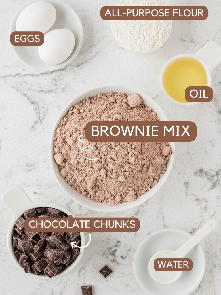 Labeled ingredients for brownie cookies with a brownie mix. 