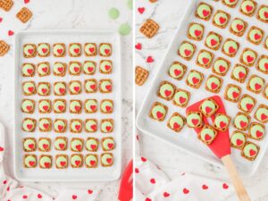 How to make grinch inspired pretzel bites with step by step process photos.