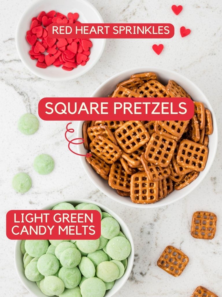 Labeled ingredients for making this pretzel bite recipe that looks like the grinch. 