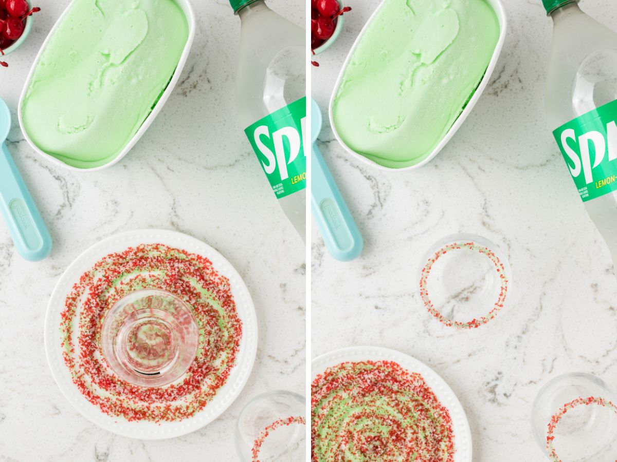 Step by step process photos showing how to make grinch punch. 