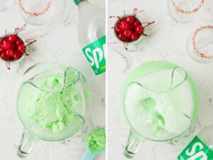 Step by step process photos showing how to make grinch punch.