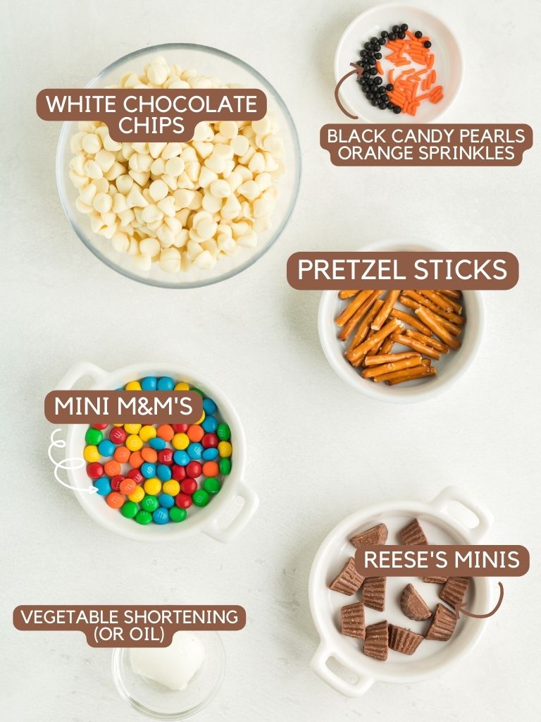 Labeled ingredients for this melted snowman white chocolate bark recipe. 