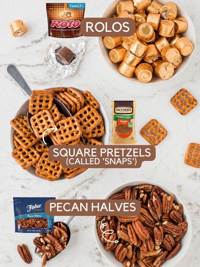 Labeled ingredients for this Rolo pretzel recipe.