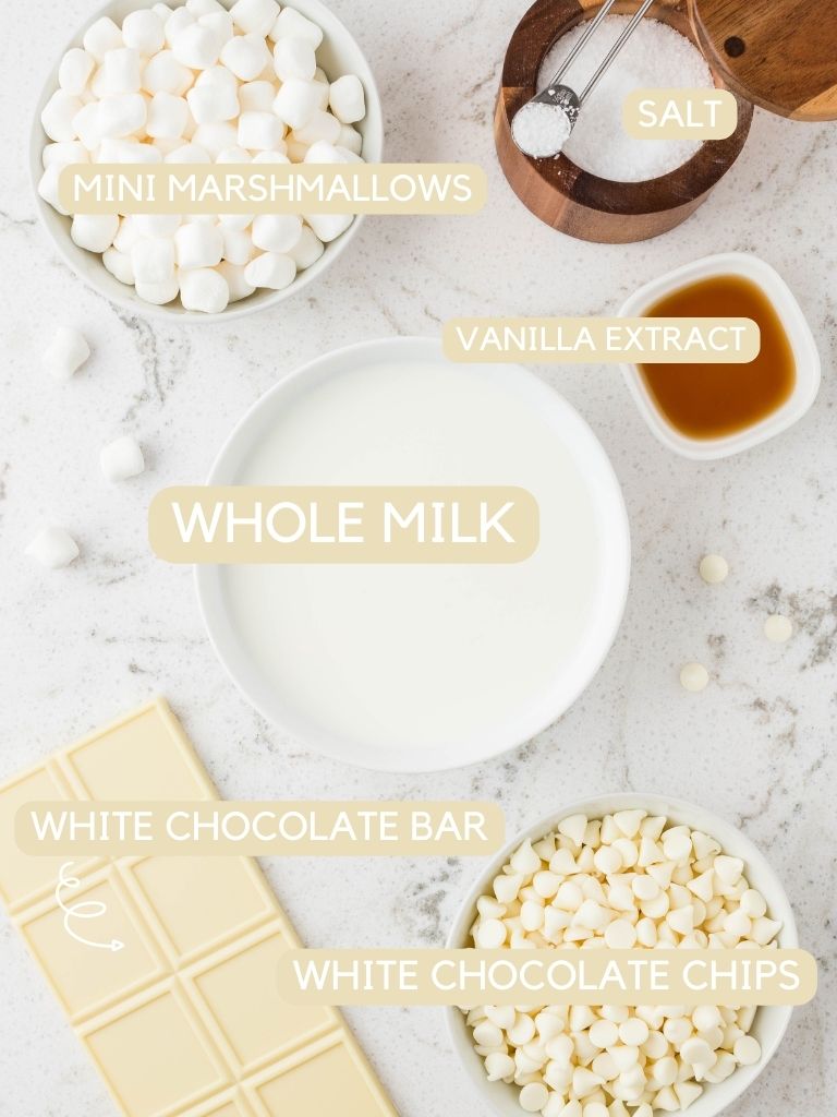 Labeled ingredients for homemade white hot chocolate.
