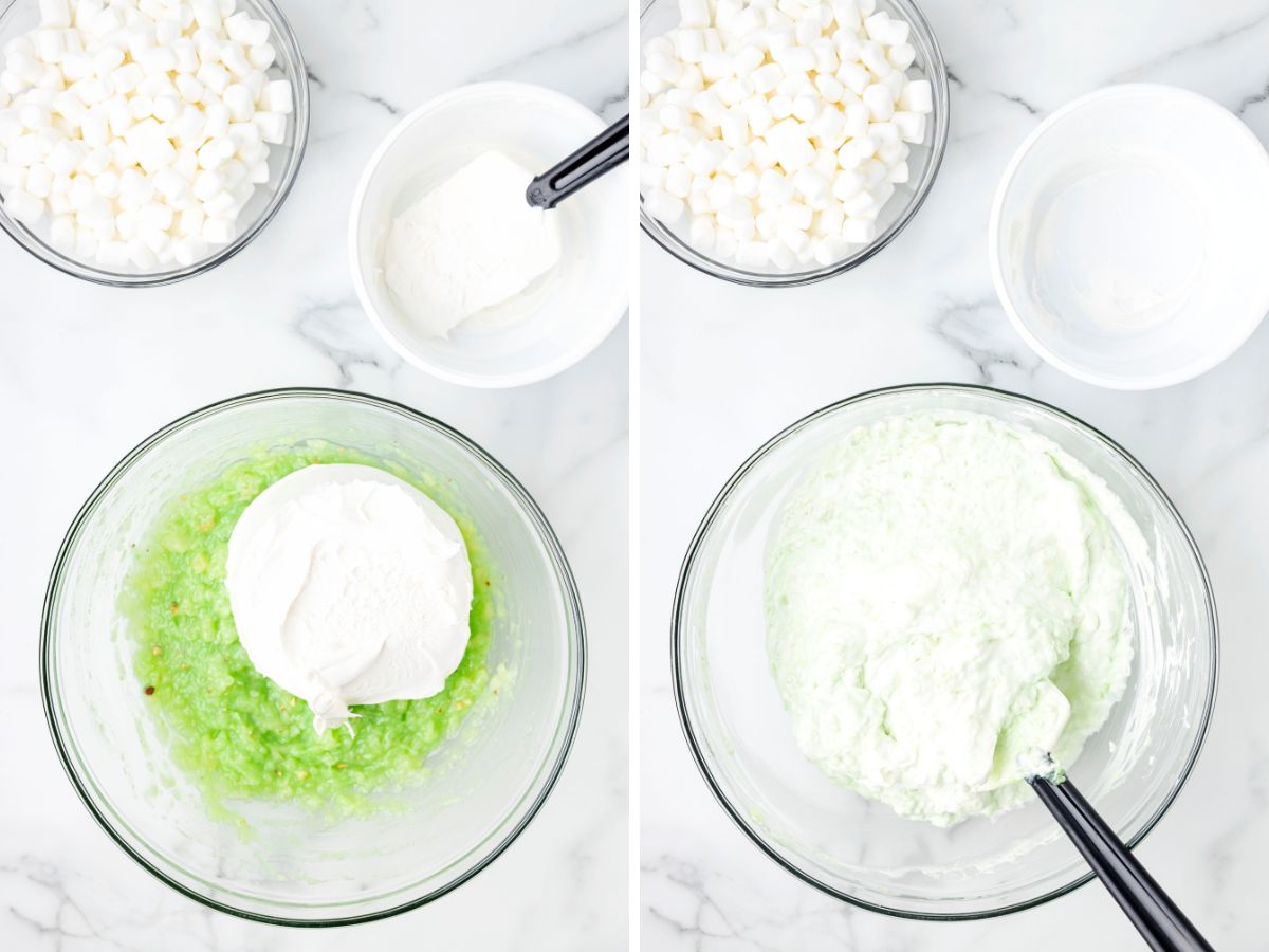 Step by step process photos showing how to make this fluff salad.