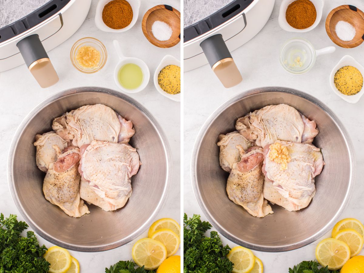 Step by step process photos showing how to make this air fryer recipe with chicken thigh meat.