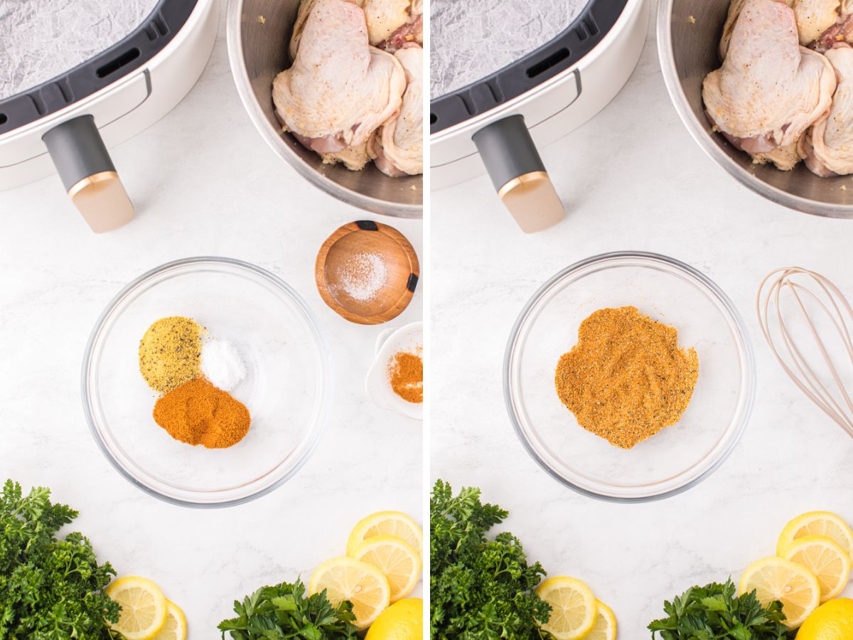 Step by step process photos showing how to make this air fryer recipe with chicken thigh meat.