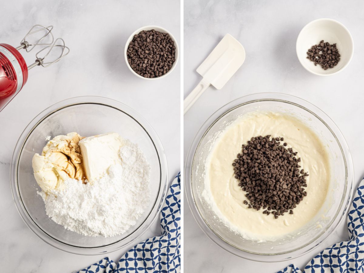 Step by step process photos showing how to make cannoli dip. 