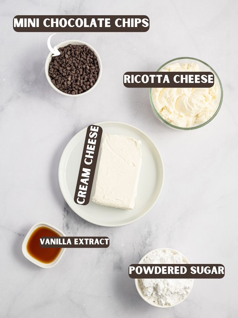 labeled ingredients for this sweet dip recipe on a white background. 
