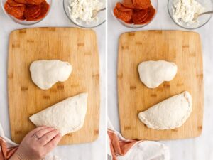 Step by step process photos in this collage showing how to make this calzone recipe.
