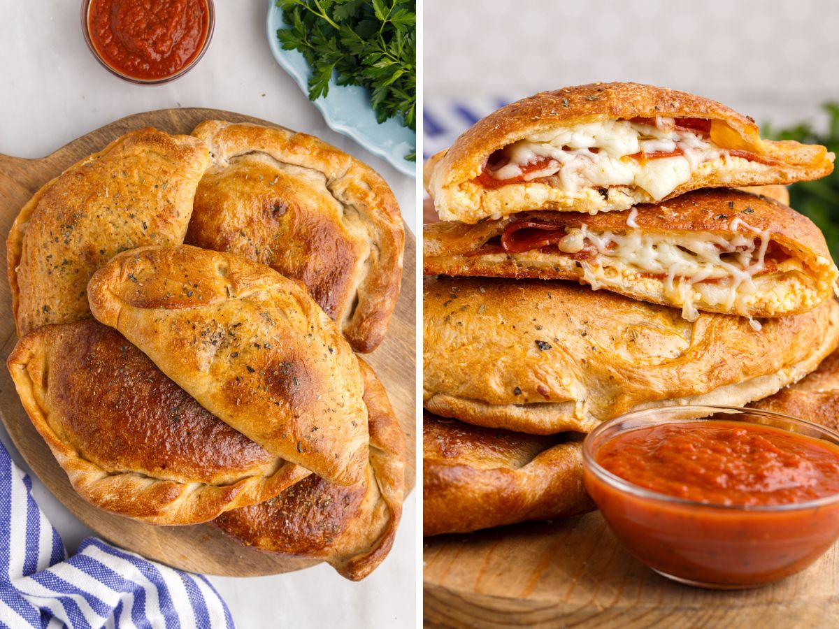 Step by step process photos in this collage showing how to make this calzone recipe. 