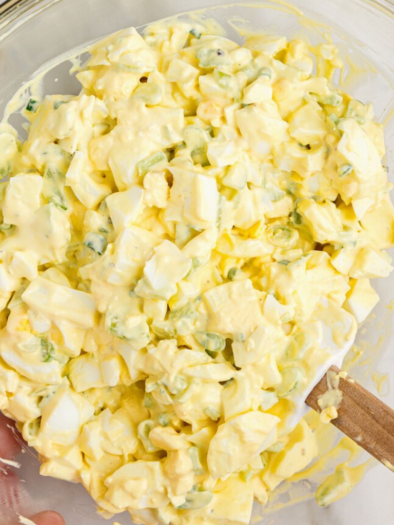 A bowl of chopped eggs for this egg salad recipe. 