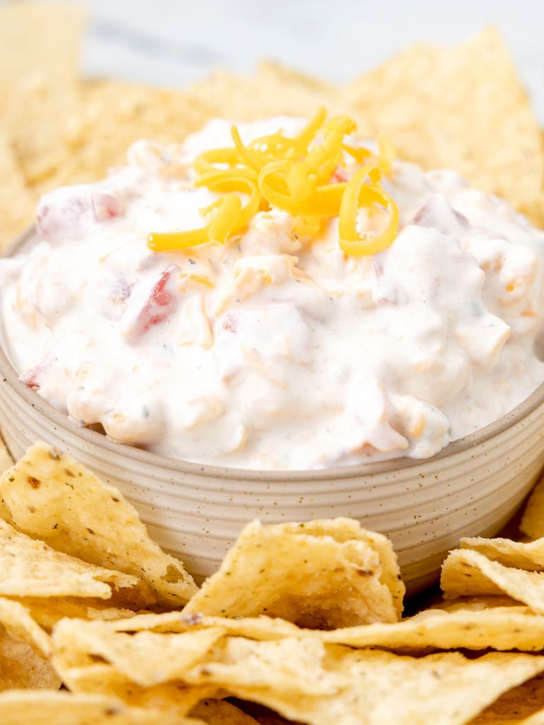 Side view of a bowl of creamy dip with chips around it. 