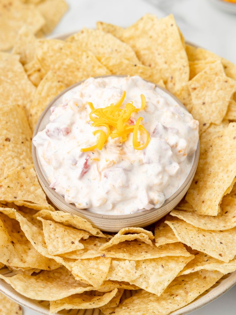 A bowl of dip with cheese on top surrounded by tortilla chips on a serving platter. 