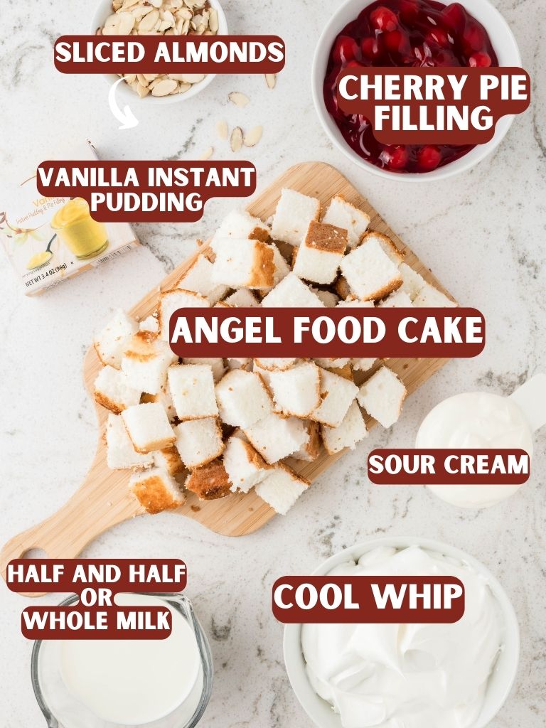 Labeled ingredients for this cake recipe on a white background.
