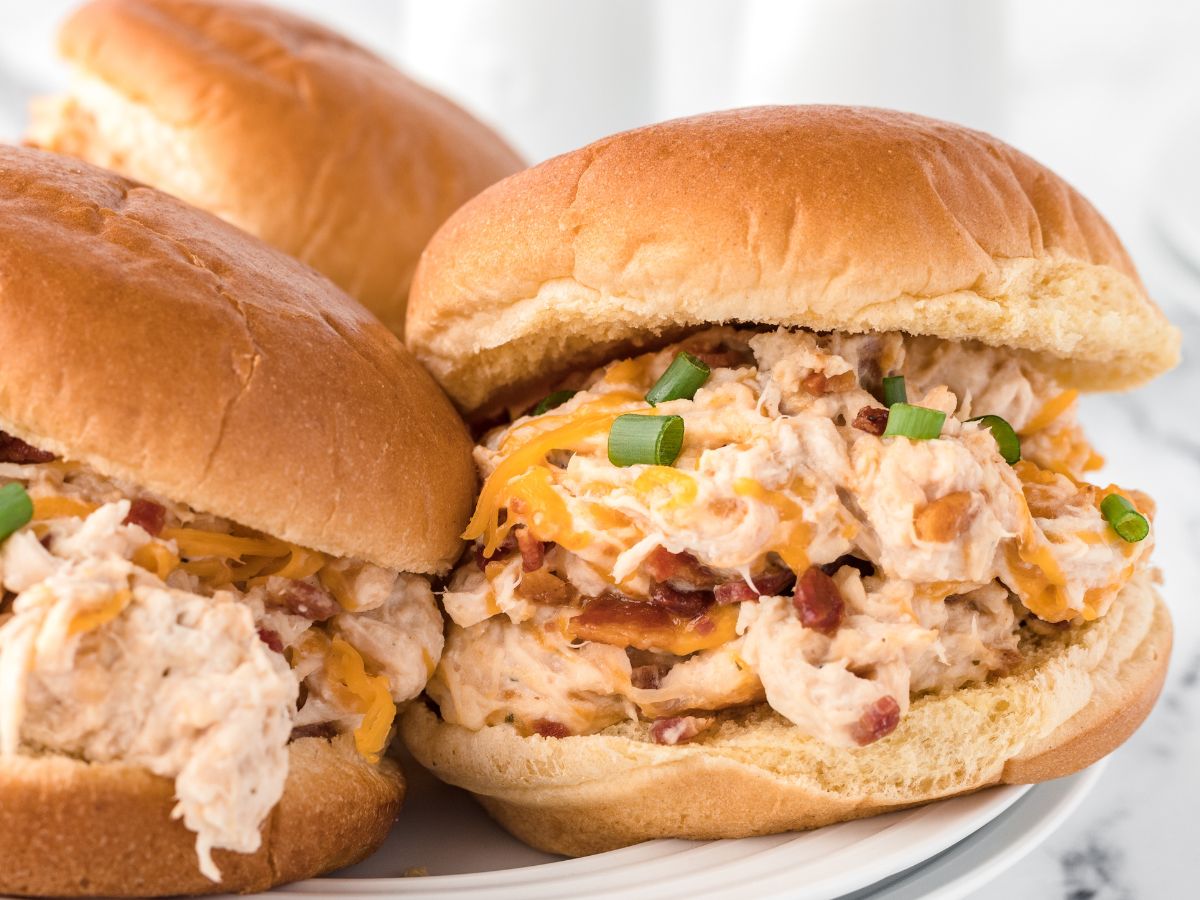 Horizontal image of this crack chicken recipe served as sandwiches. 