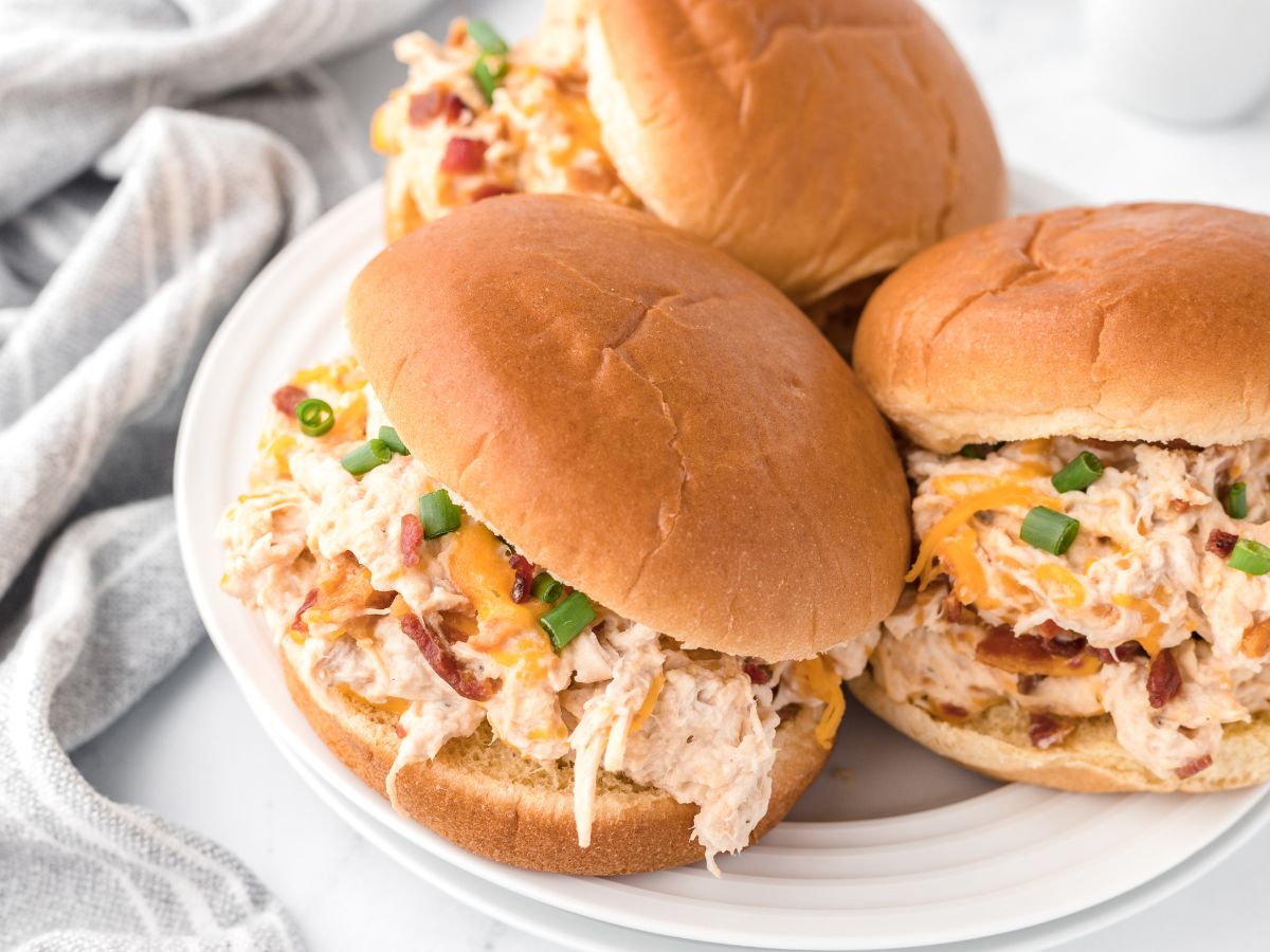 Horizontal image of this crack chicken recipe served as sandwiches. 