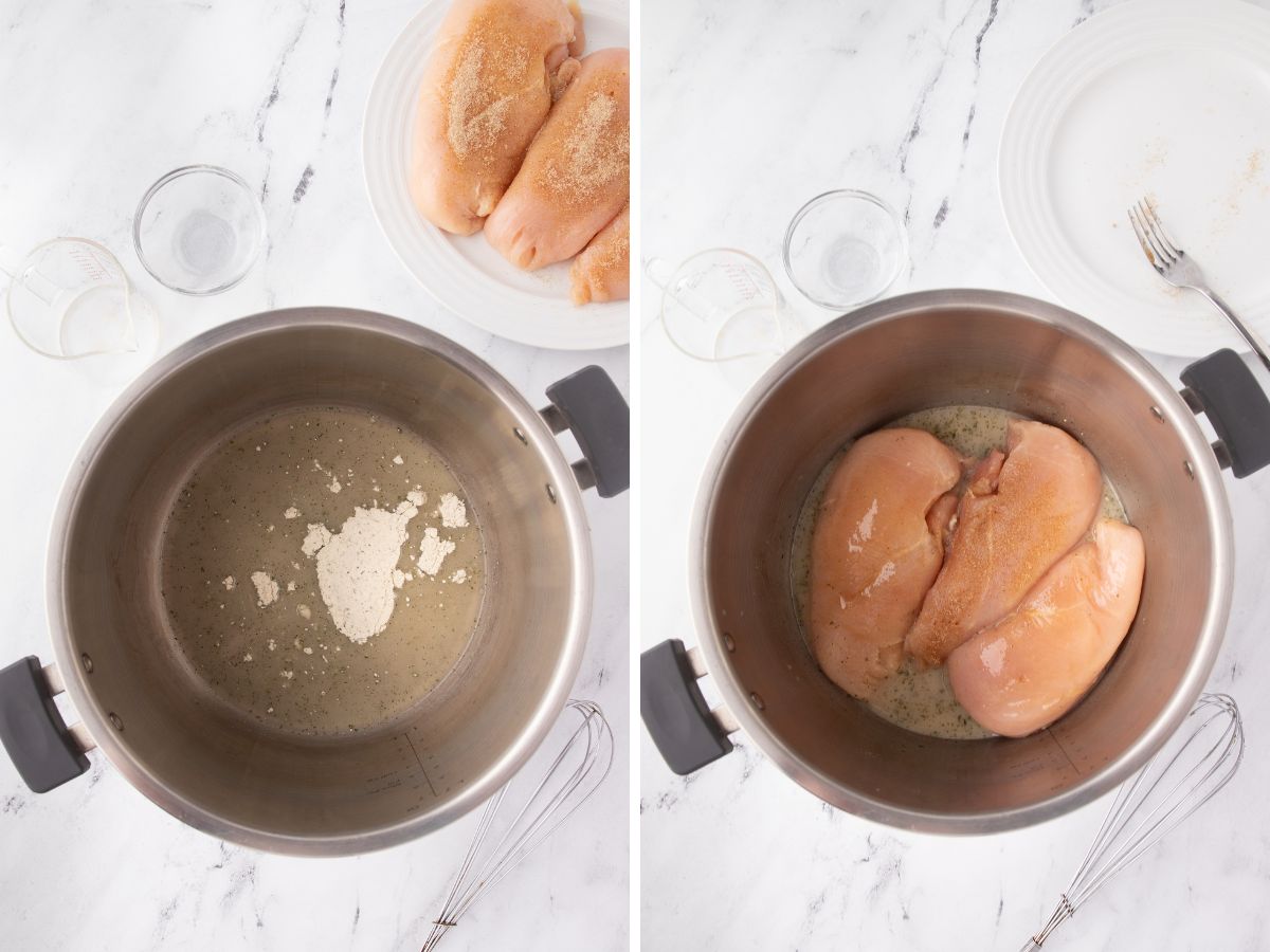 Step by step process photos showing how to make this recipe for crack chicken with a pressure cooker or instant pot. 