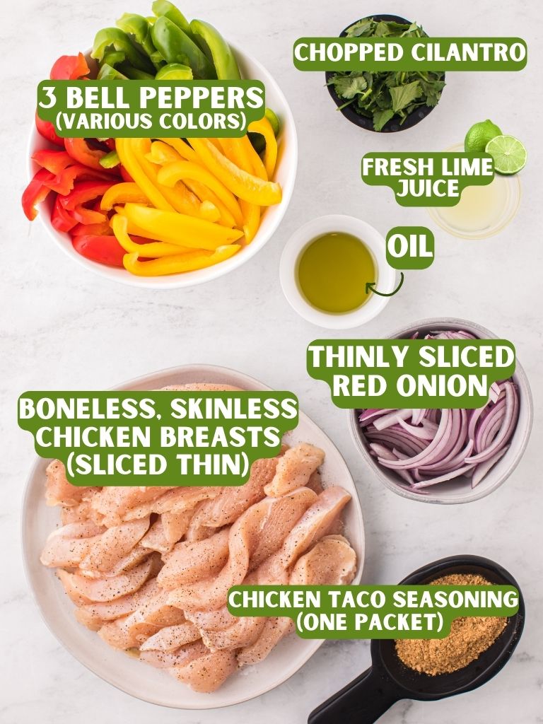 Labeled ingredients for this fajita recipe. 