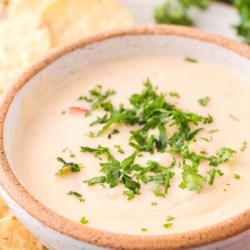 A bowl of white cheese dip garnished with cilantro with chips to the side of it.