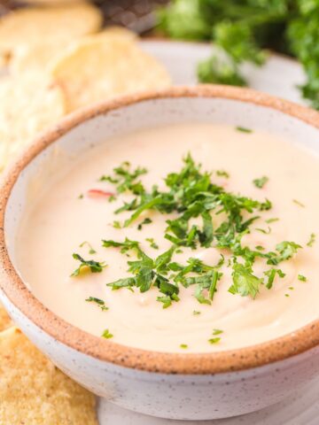 A bowl of white cheese dip garnished with cilantro with chips to the side of it.