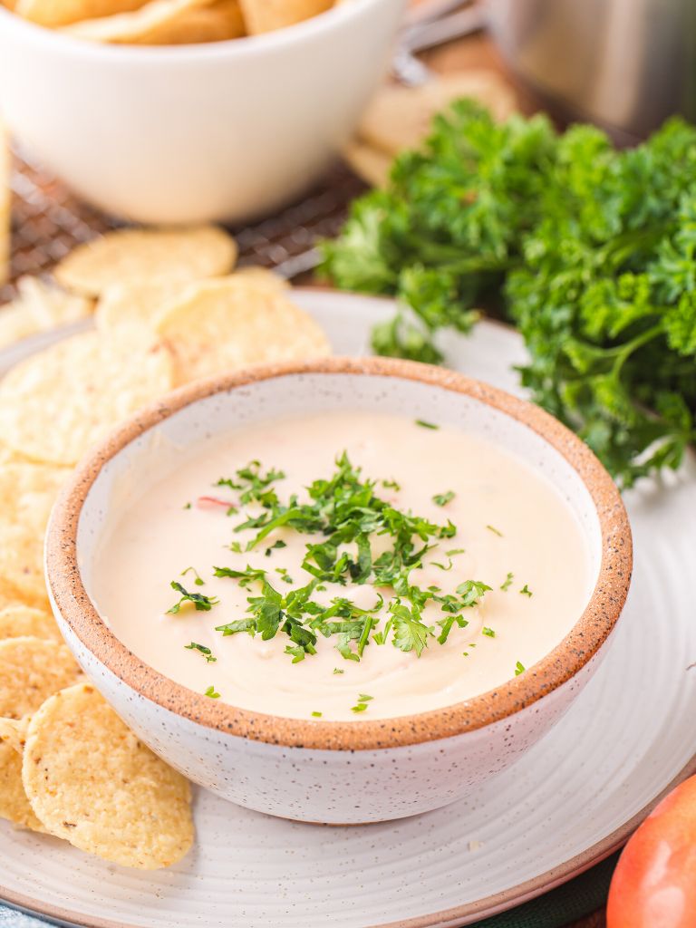 Dip inside a bowl with cilantro, tomato, and tortilla chips around it on a wooden background. 