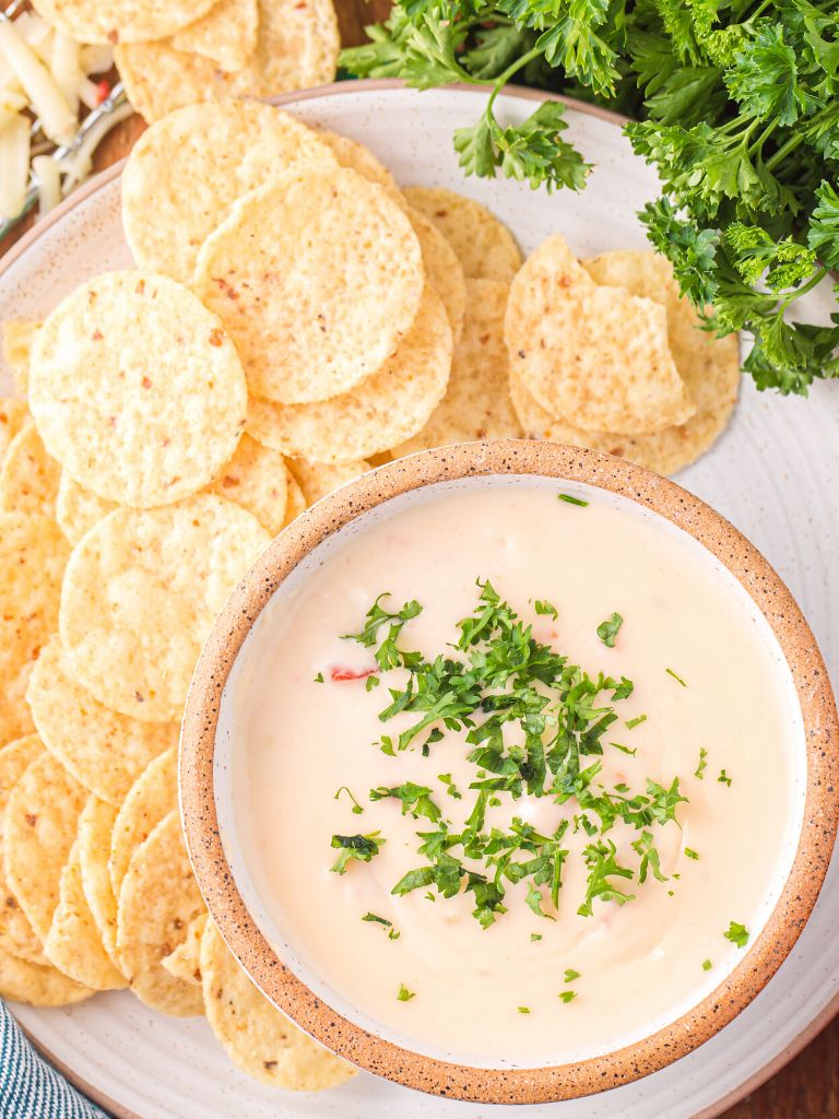 An overhead picture of queso in a bowl on a white plate with chips around it. 