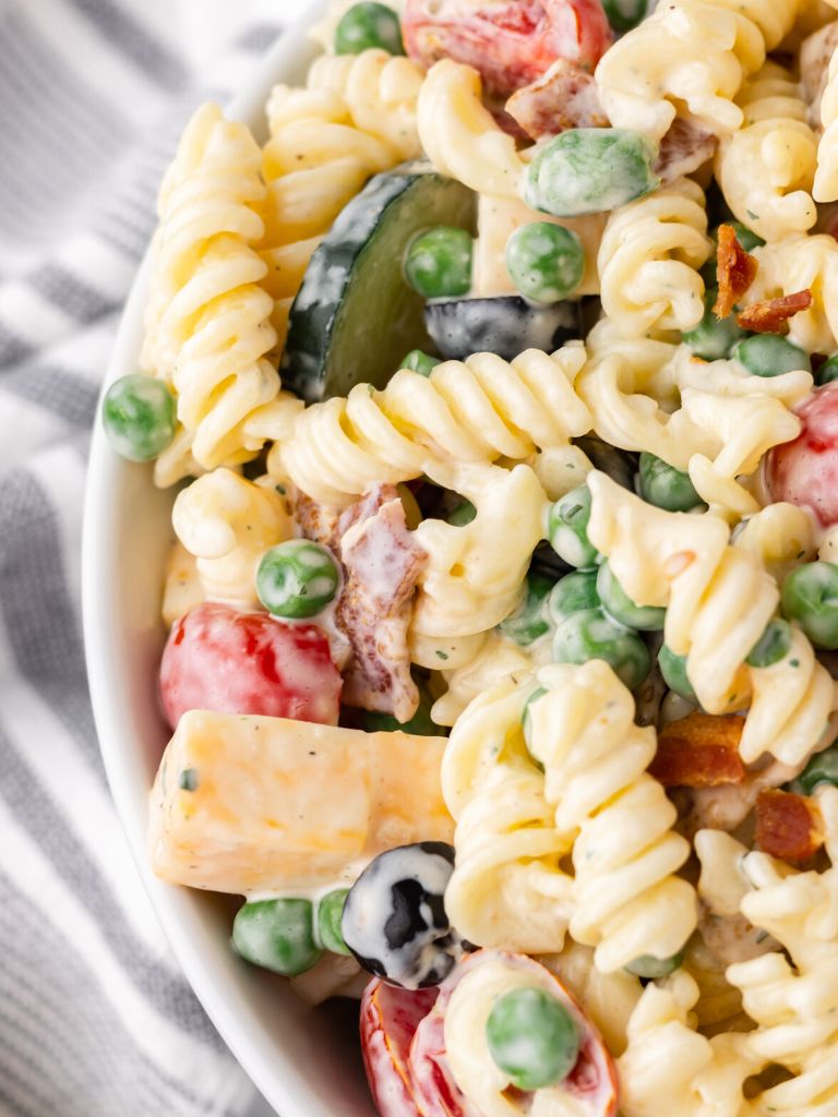 Overhead shot of this salad recipe with pasta, bacon, and ranch dressing mix.