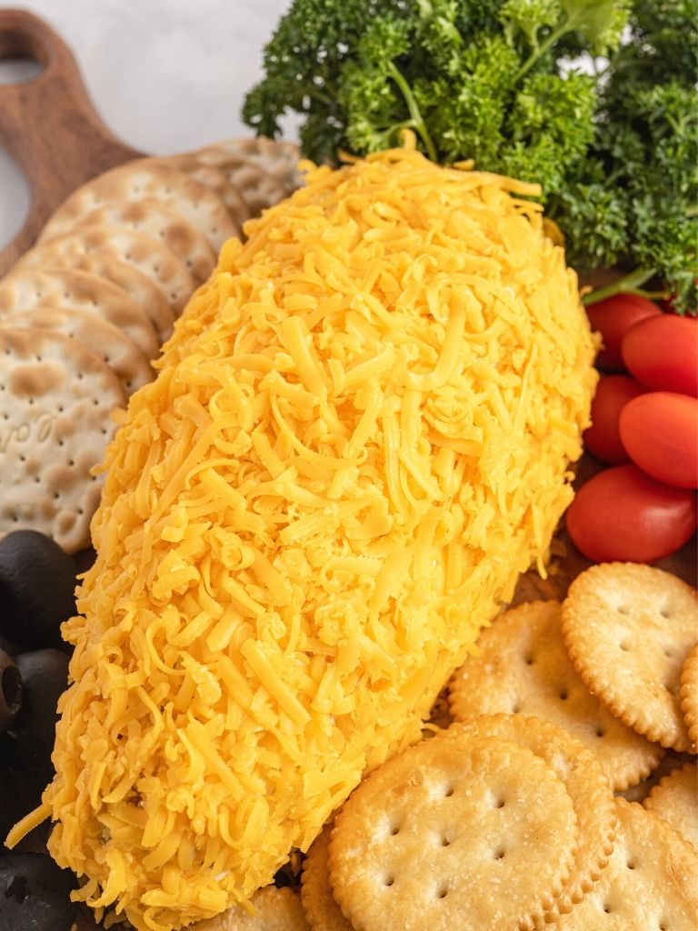 Carrot shaped cheese ball on a serving platter with veggies and crackers.