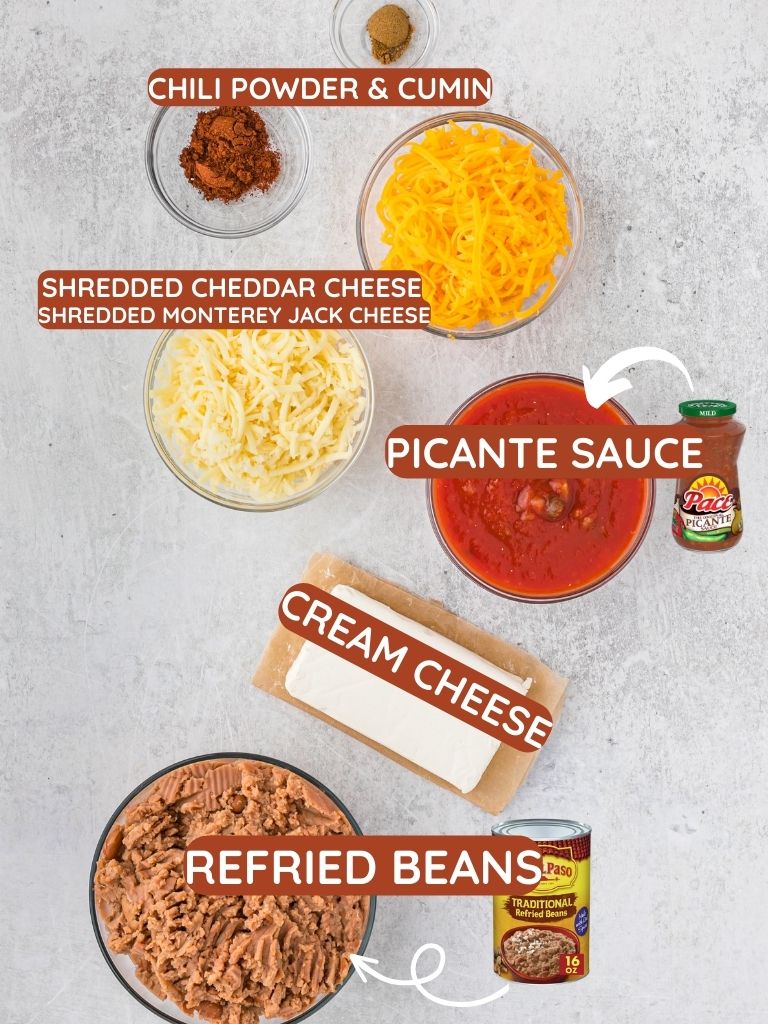 Labeled ingredients for this hot dip recipe. 