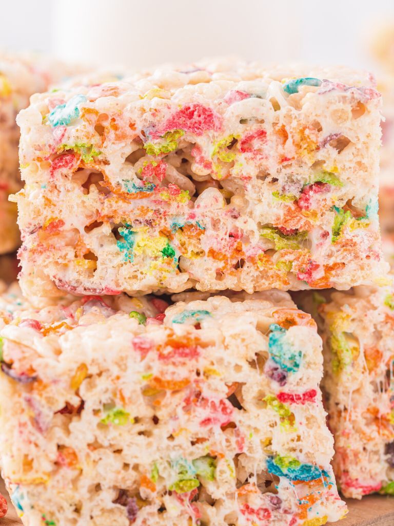 Close up shot of rainbow treats with rice crispy cereal. 