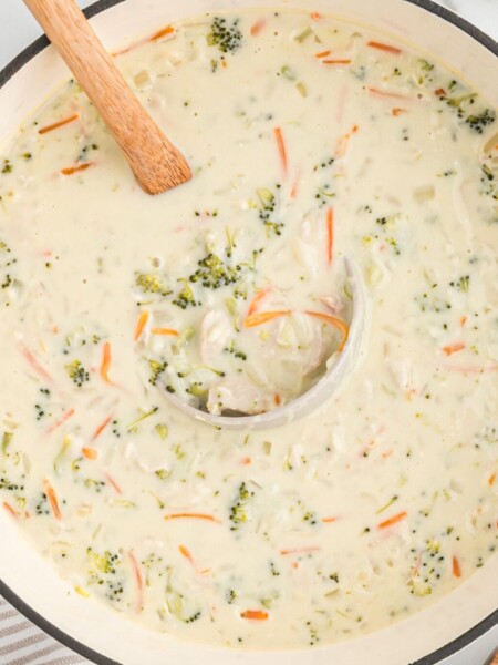 A pot of creamy soup with rice, and chicken and veggies. A soup ladle inside the pot of soup.