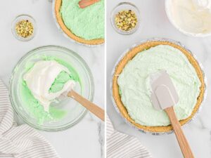 Step by step process photos showing how to make this no bake pie.