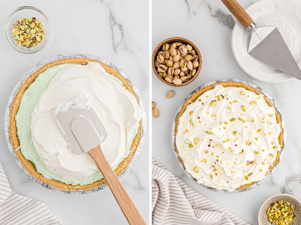 Step by step process photos showing how to make this no bake pie. 