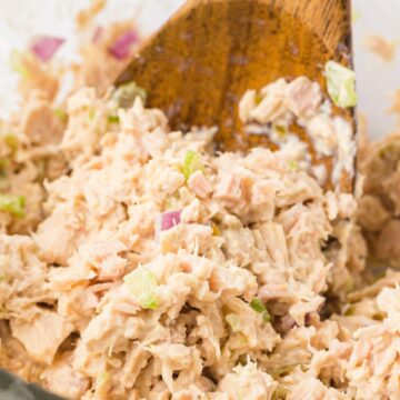 Tuna inside a bowl that is a creamy salad with a wooden spoon with some on it.